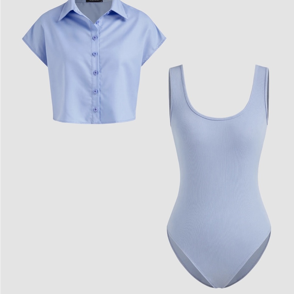 Cider Blue Cap Sleeve Cropped Button Down Shirt